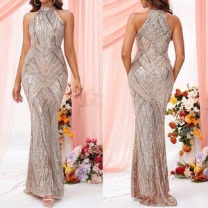 Luxe party prom wedding halter sequins dress